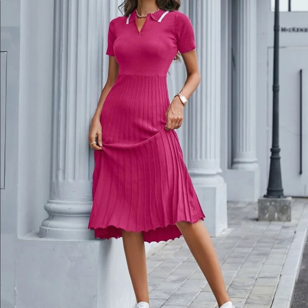 Color block collar pleated sweater dress burgundy - Picture 11 of 15